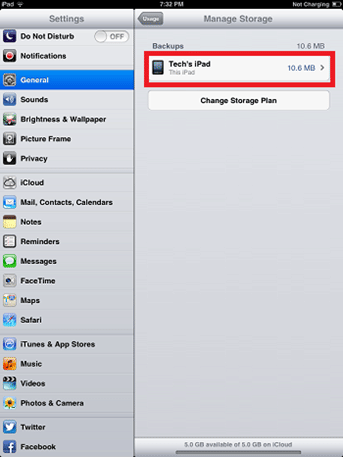 iDevice Manage Storage, Backup Settings